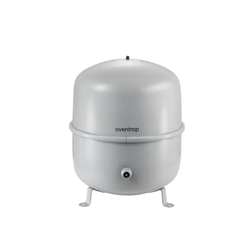 Oventrop Membranausdehnungsgefäß in grauer Farbe mit angeschweißten Füßen und einem Auslass an der Unterseite.
